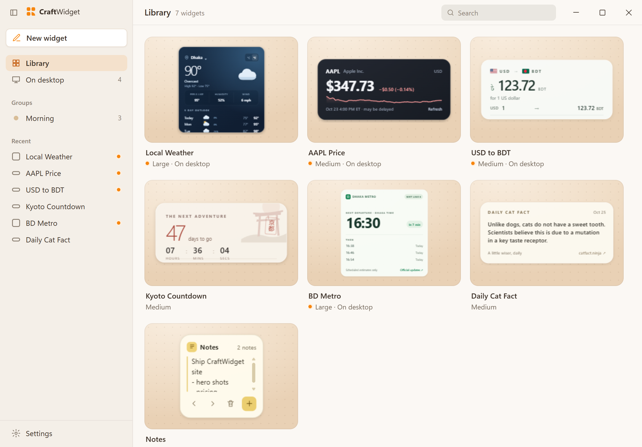 The CraftWidget library with weather, stock price, exchange rate, countdown, metro, cat fact and notes widgets.
