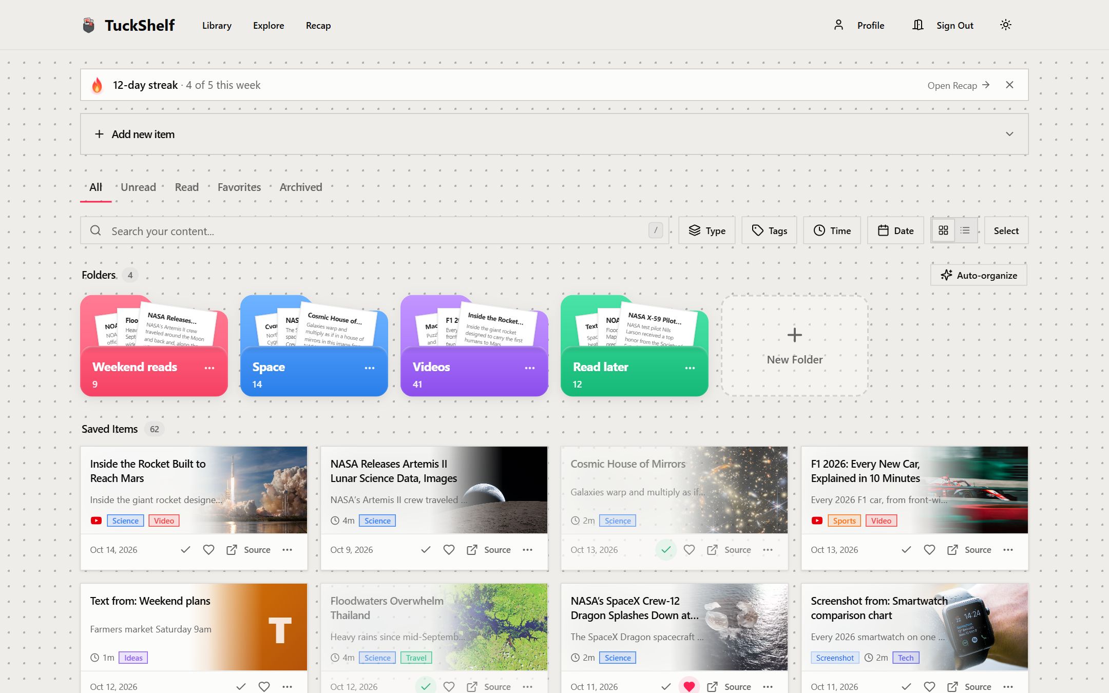 TuckShelf library with a reading streak, colour-coded folders and saved articles.